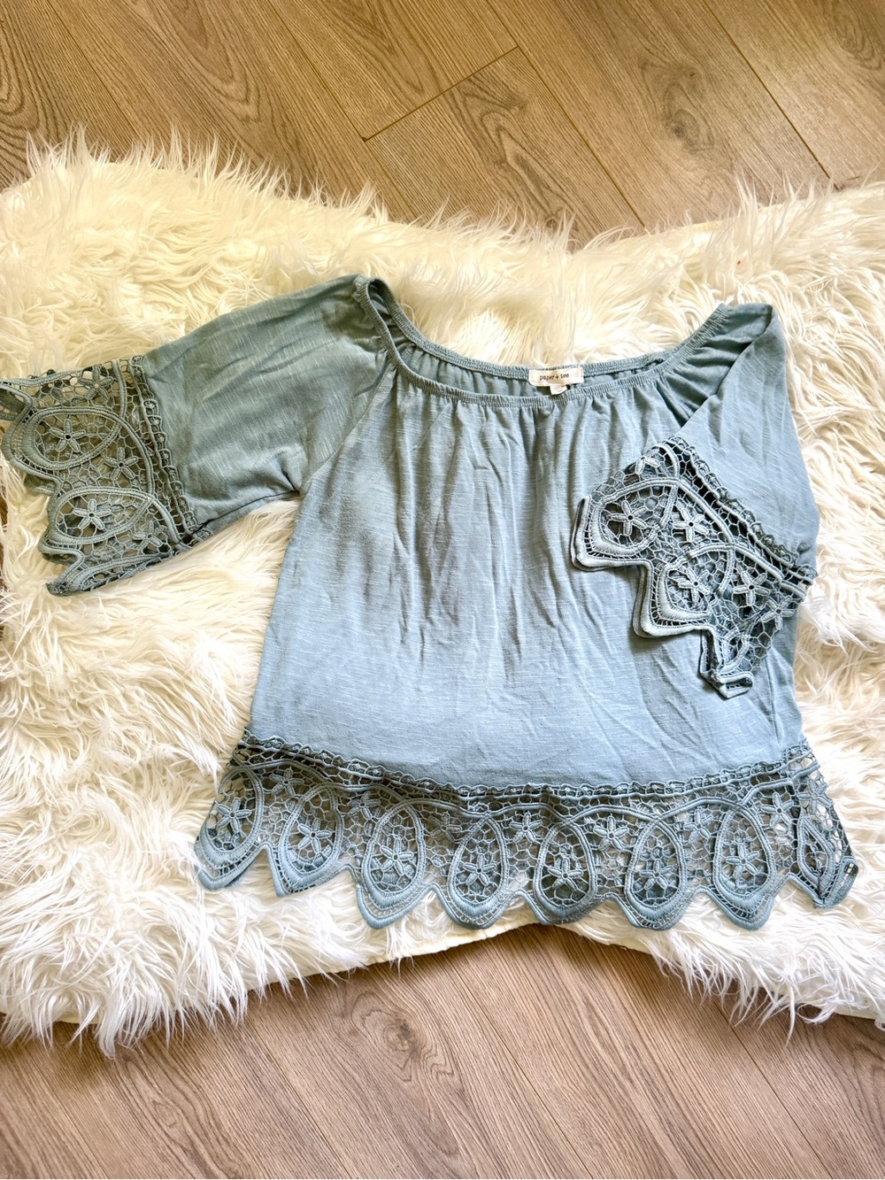 Boho Crochet-Trim Peasant Top in Dusty Blue